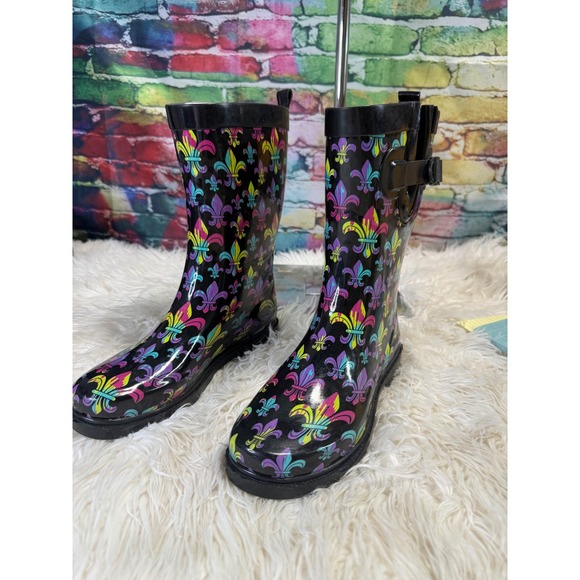 Capelli New York Shoes - Capelli New York Fleur De Lis Rain Boots Neon Black Rubber Mid Calf Womens 6